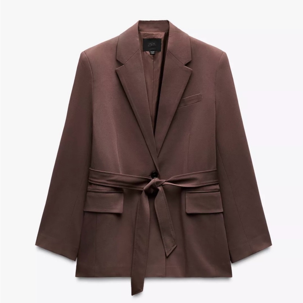Zara Brown Belted Tie Wrap Blazer Mink XS-S